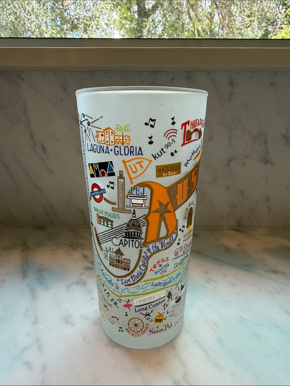 CatStudio Austin Souvenir Frosted Glass Tumbler - White with Orange Accents